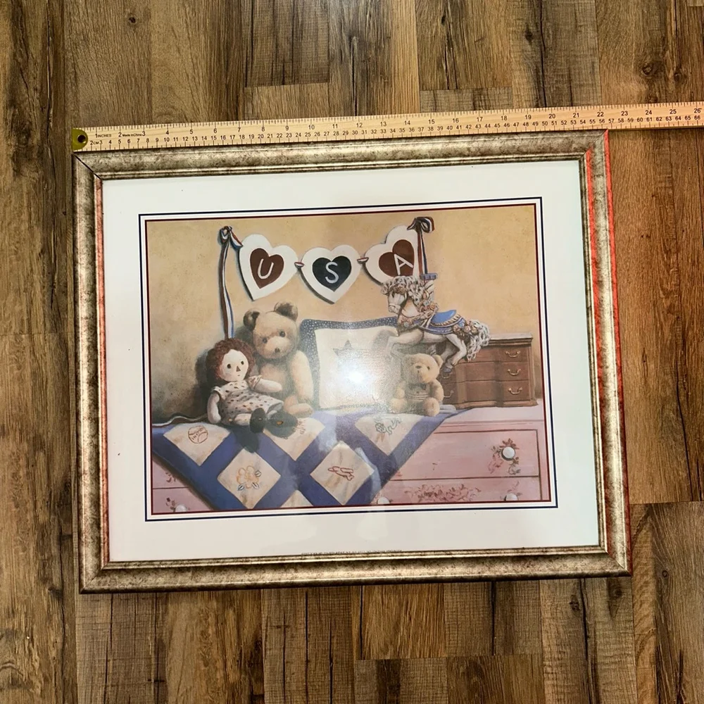 Scafa Art 2002 Framed USA Teddy Bear Print 24x20 Multi-color